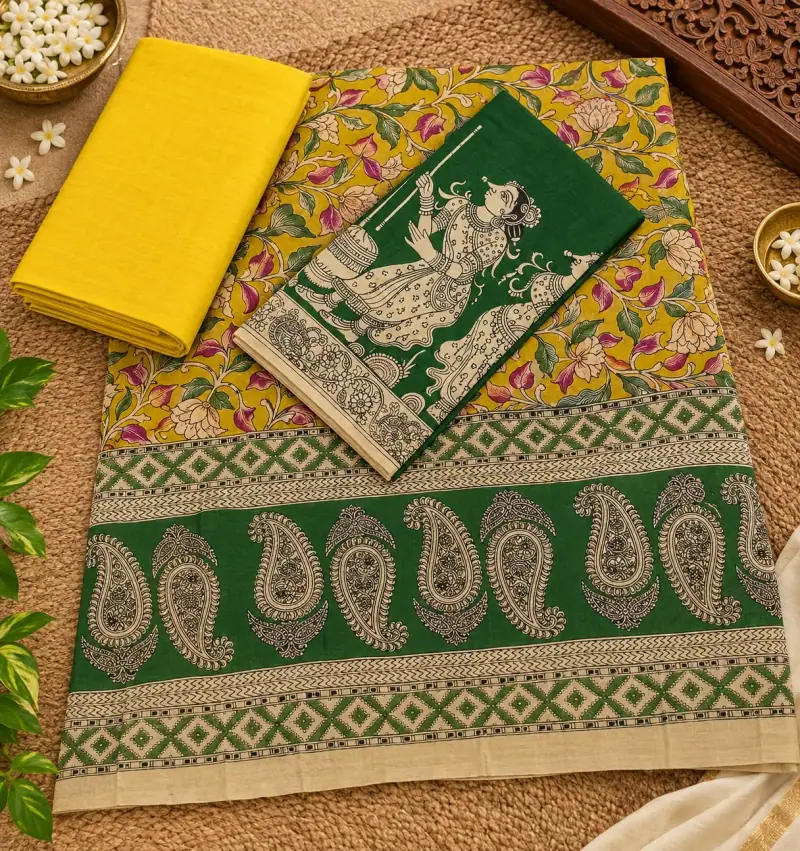 Kalamkari Cotton Dress Material – Yellow Floral and Green Paisley with Yellow