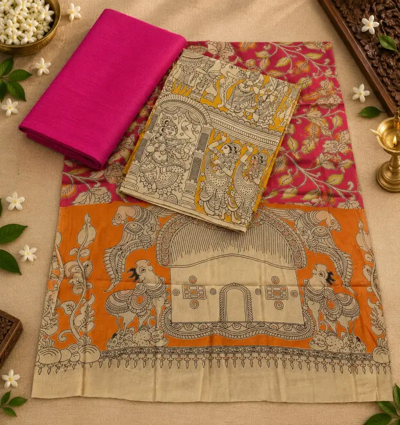 Kalamkari Cotton Dress Material – Orange Hut and Women Panel with Pink