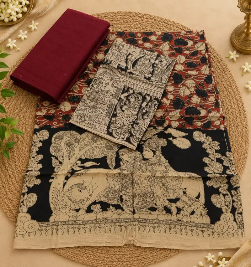 Kalamkari Cotton Dress Material – Black Cow and Tree Panel with Maroon