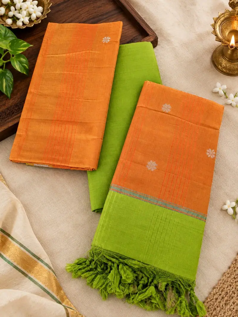 Pure Handloom pattu Dress Material – Orange Buttas with Green