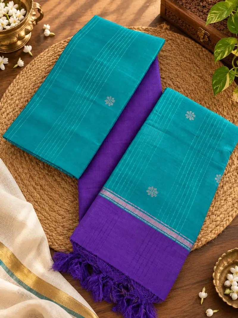 Pure Handloom pattu Dress Material – Turquoise Buttas with Purple