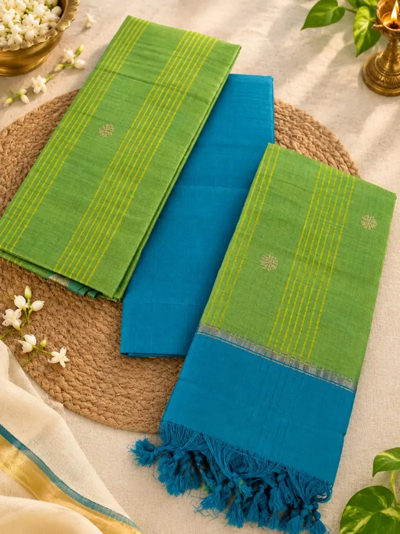 Pure Handloom pattu Dress Material – Green Buttas with Blue