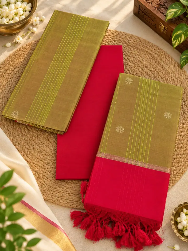 Pure Handloom pattu Dress Material – Olive Butta Stripes with Red