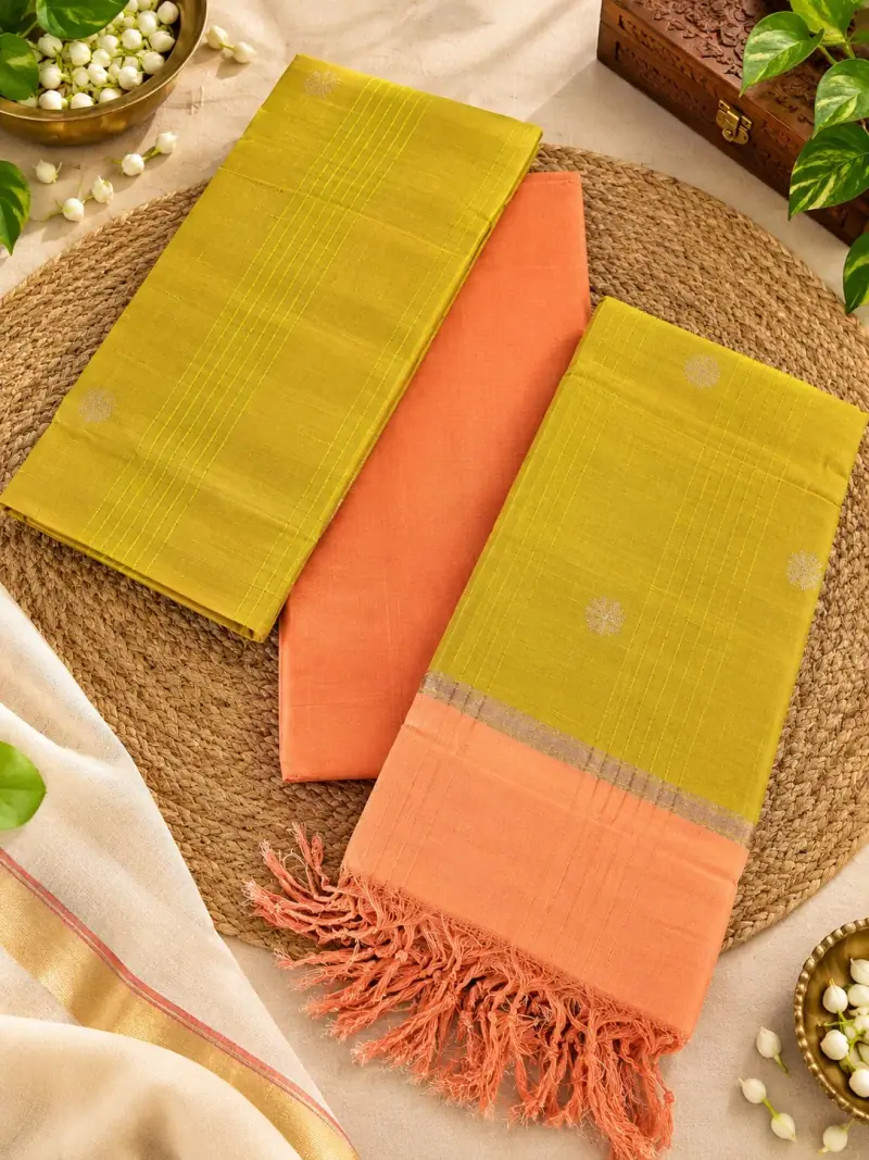 Pure Handloom pattu Dress Material – Lime Butta Stripes with Peach