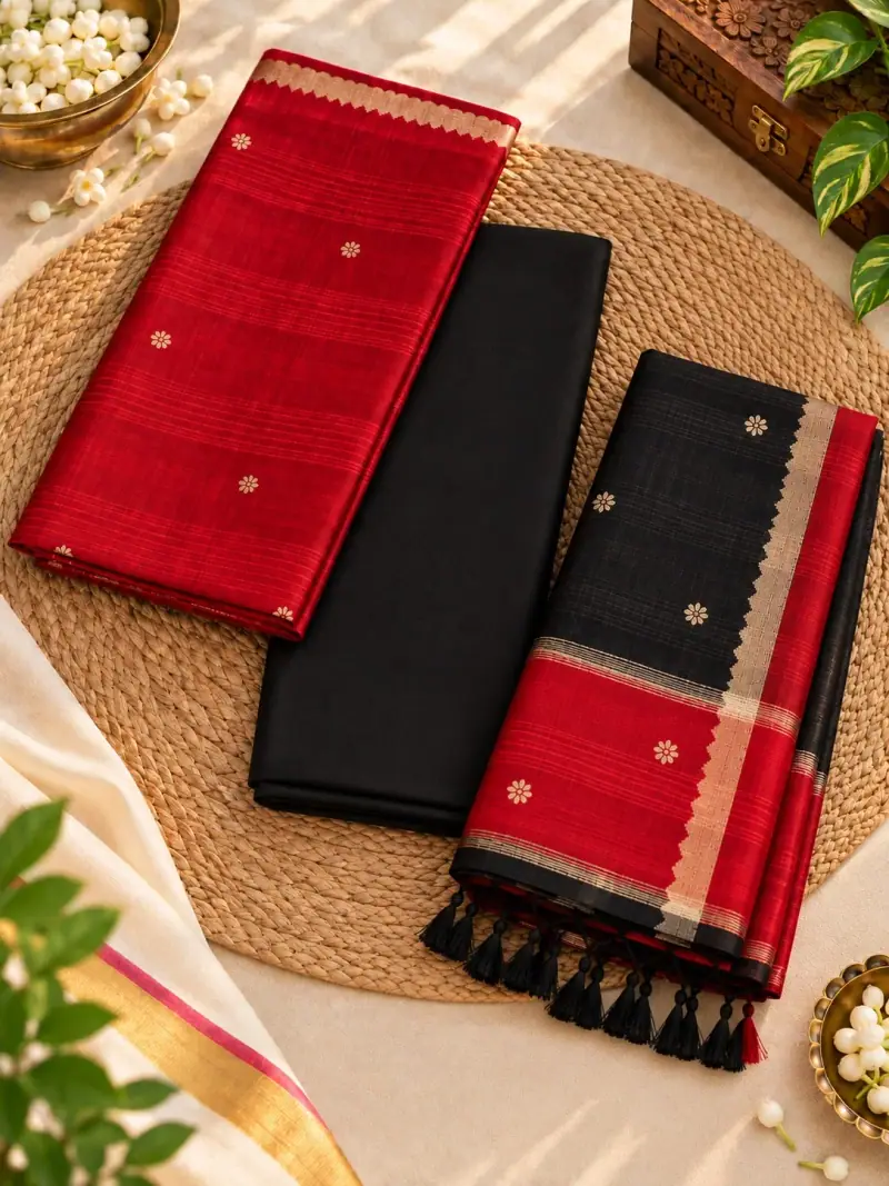 Pure Handloom pattu Dress Material – Red Butta with Black
