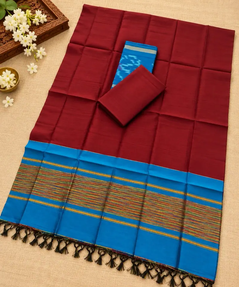 Maroon & Blue Ikkat Dress Material – Blue Multicolour Stripe Border