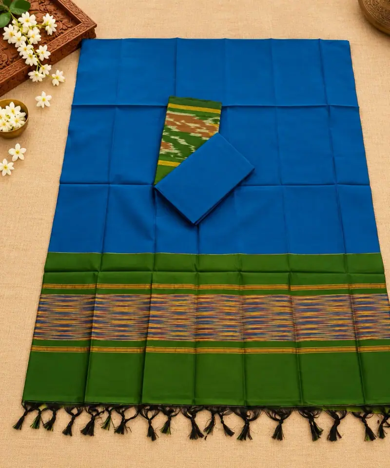 Royal Blue Ikkat Dress Material with Green Border – Green Multicolour Stripe Border