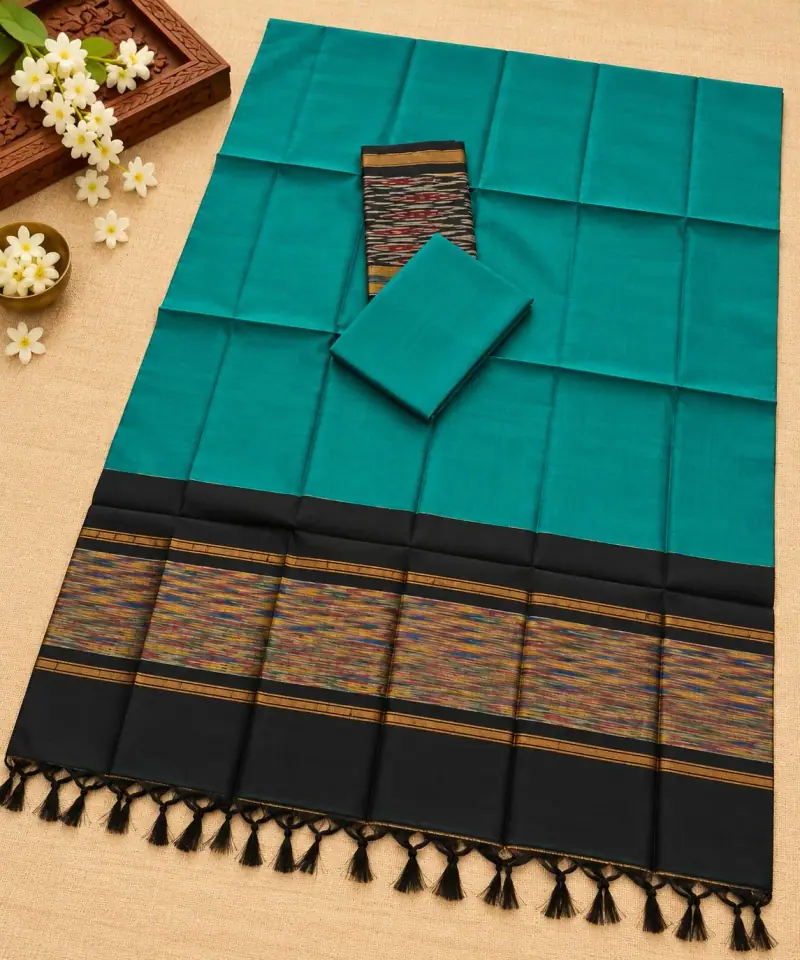 Teal & Black Ikkat Dress Material – Black Multicolour Stripe Border