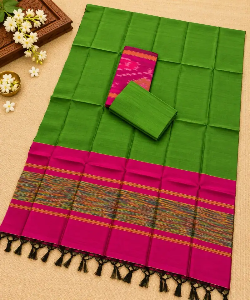 Green & Pink Ikkat Dress Material – Pink Multicolour Stripe Border