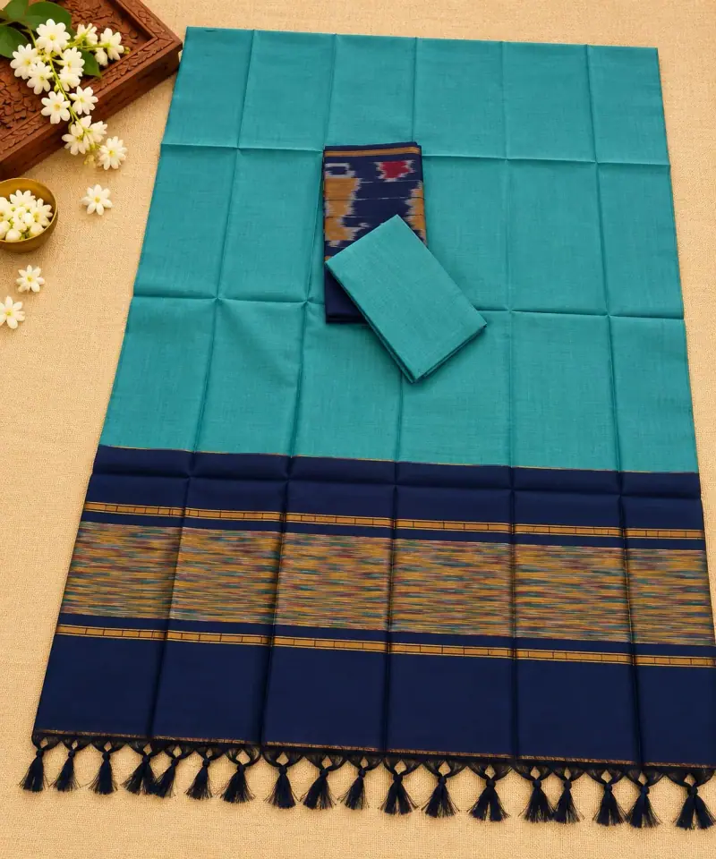 Sky Blue Ikkat Dress Material with Blue Border – Navy Multicolour Stripe Border