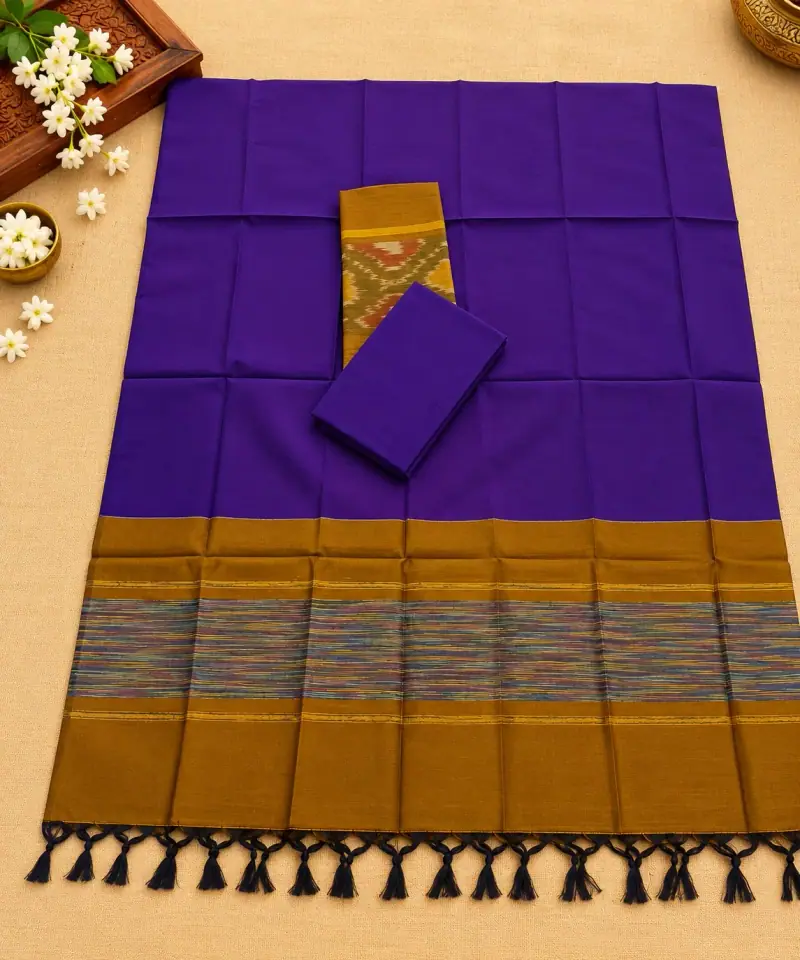 Purple & Mustard Ikkat Dress Material – Mustard Multicolour Stripe Border