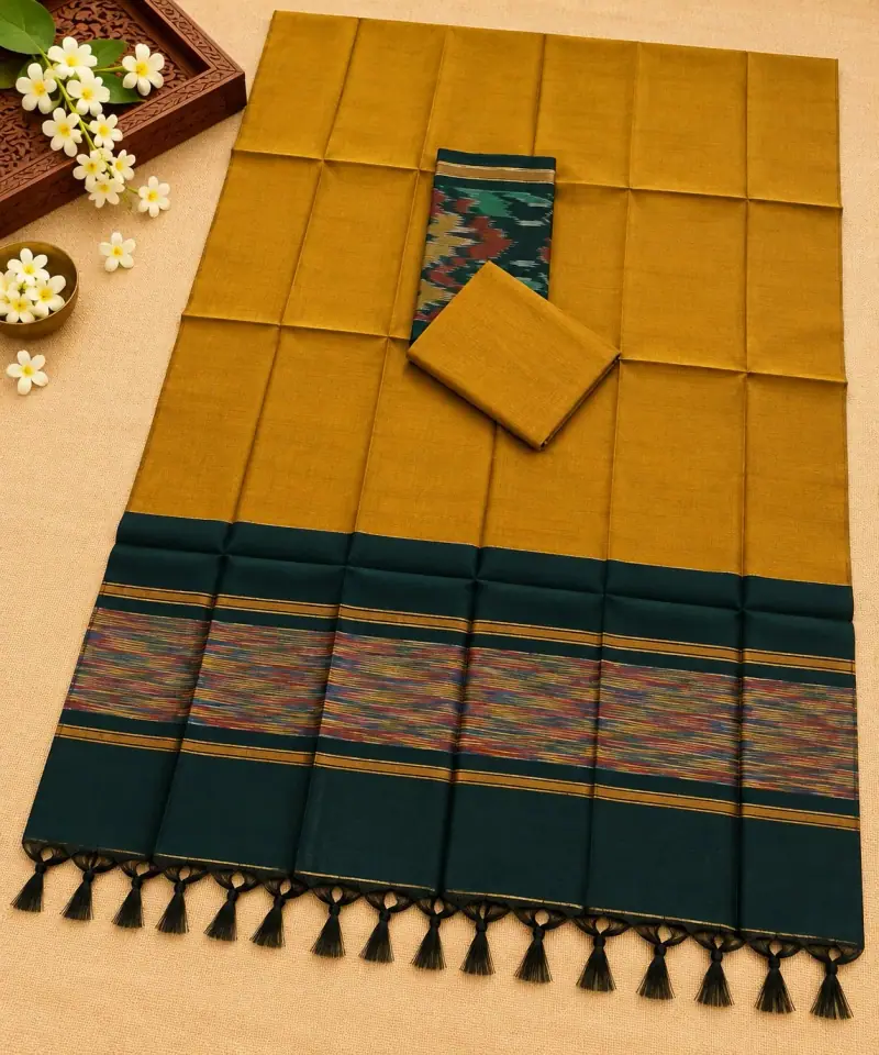 Mustard & Deep Green Ikkat Dress Material – Deep Green Stripe Border with Tassels