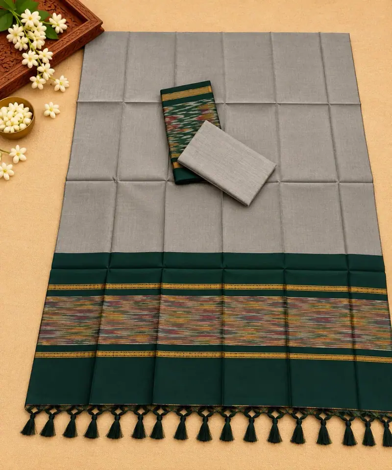 Grey & Deep Green Ikkat Dress Material – Deep Green Multicolour Stripe Border