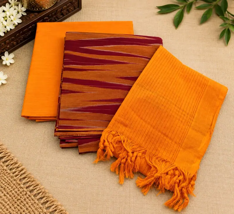 Katari print Handloom cotton dress material – Maroon Zigzag with Orange