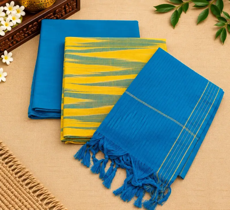 Katari print Handloom cotton dress material – Yellow Zigzag with Blue