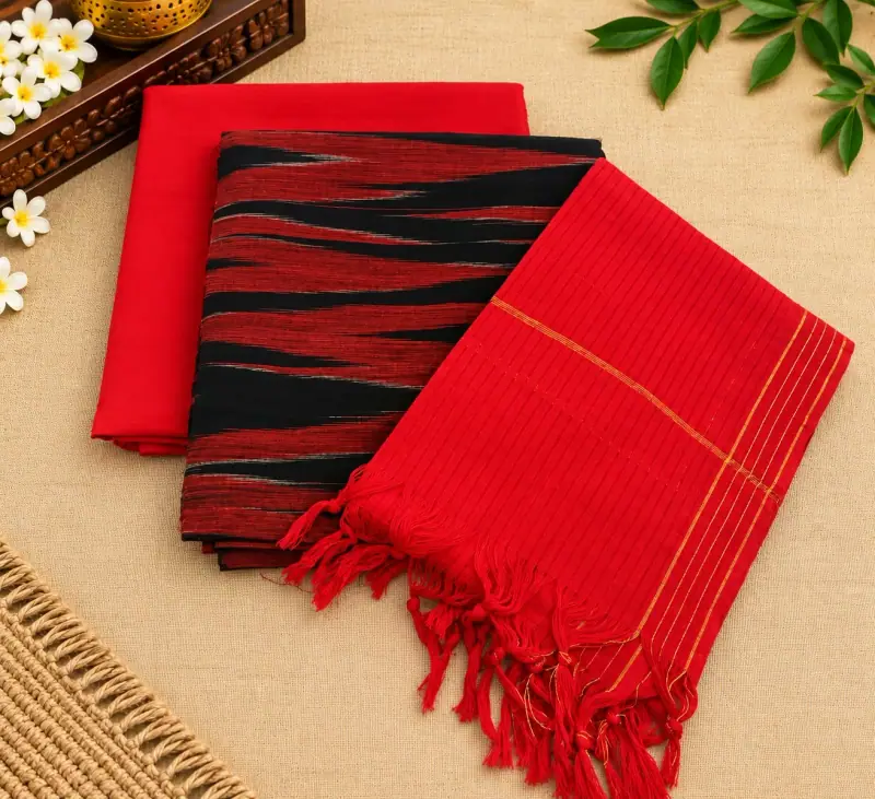 Katari print Handloom cotton dress material – Black and Red Zigzag with Red