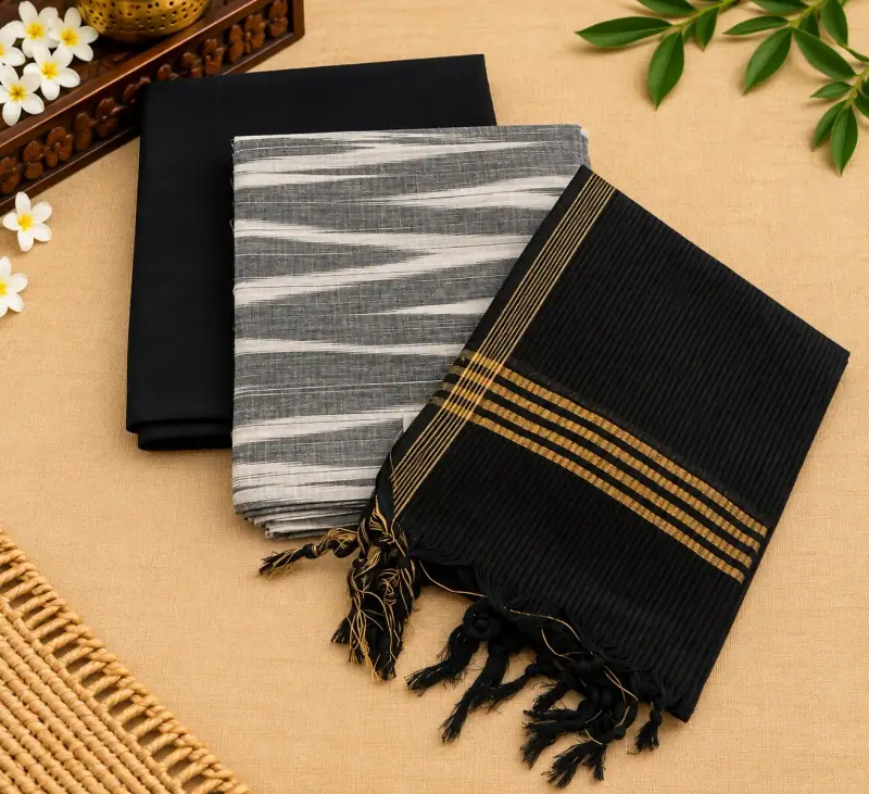 Katari print Handloom cotton dress material – Grey Zigzag with Black