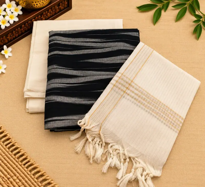 Katari print Handloom cotton dress material – Black Zigzag with Off-White