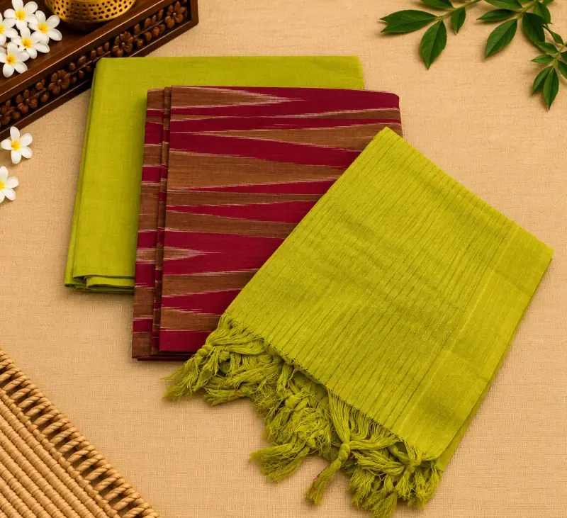 Katari print Handloom cotton dress material – Maroon Zigzag with Lime Green
