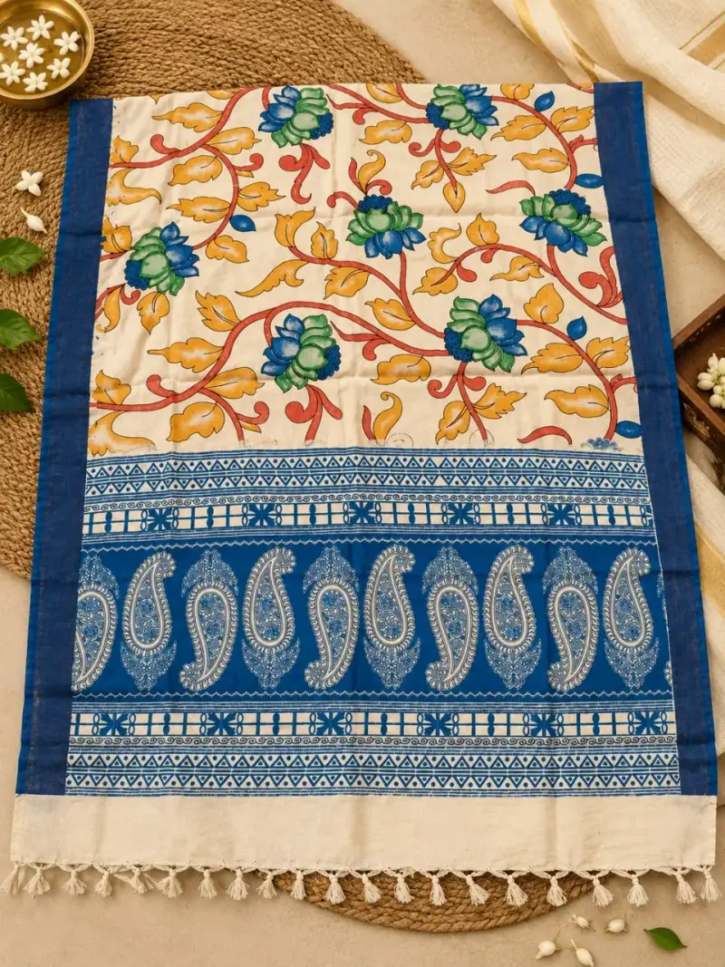Nizam Border Kalamkari Dupatta – Cream Lotus Vine with Blue Paisley Border