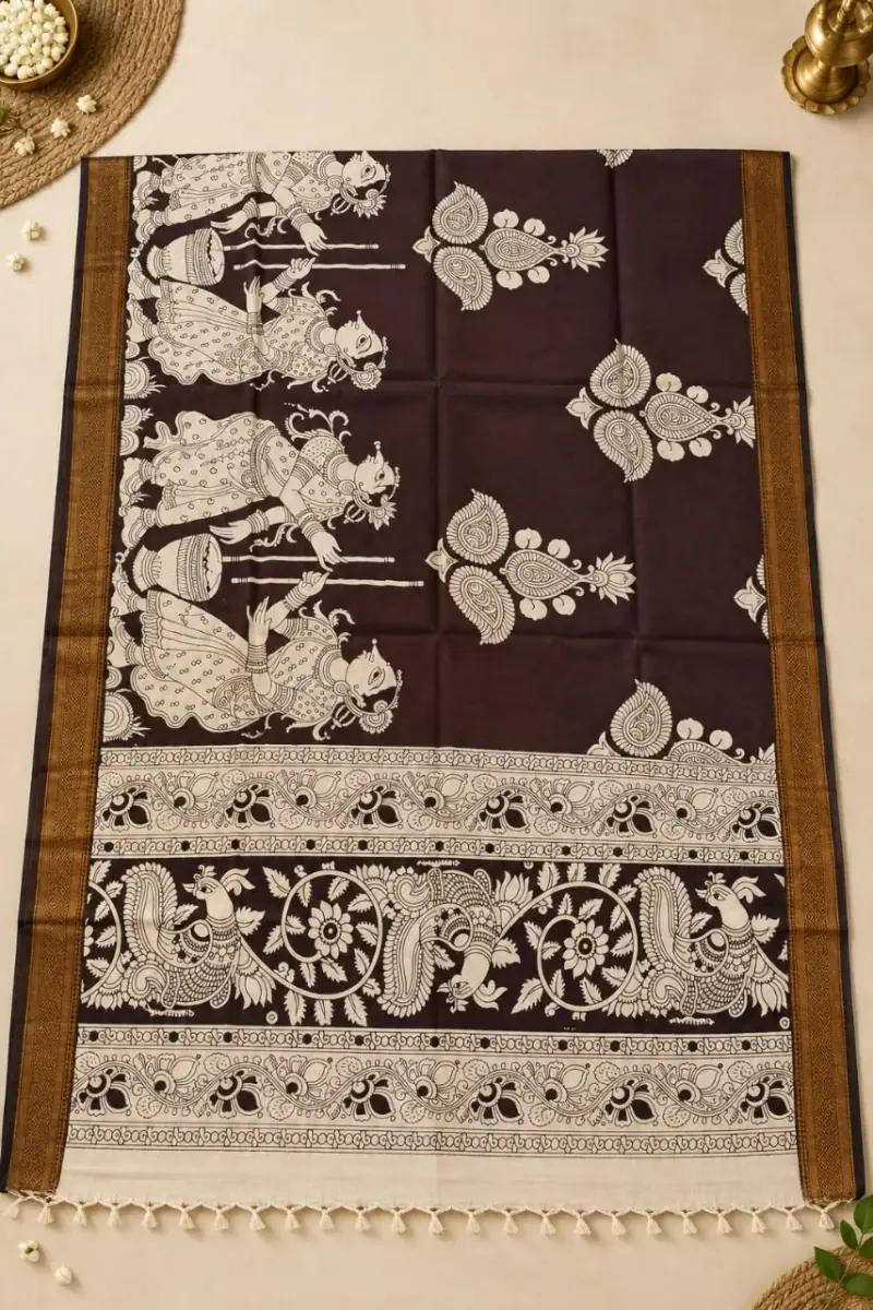 Nizam Border Kalamkari Duppattas – Brown Women Figures with Peacock Border