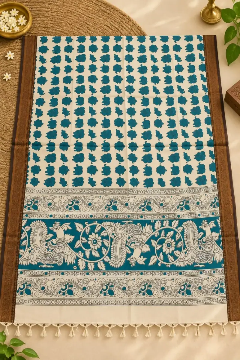Nizam Border Kalamkari Duppatas – Teal Floral Butta with Peacock Border