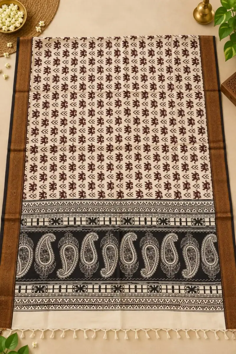 Nizam Border Kalamkari Duppatas – Brown Floral Butta with Black Paisley Border