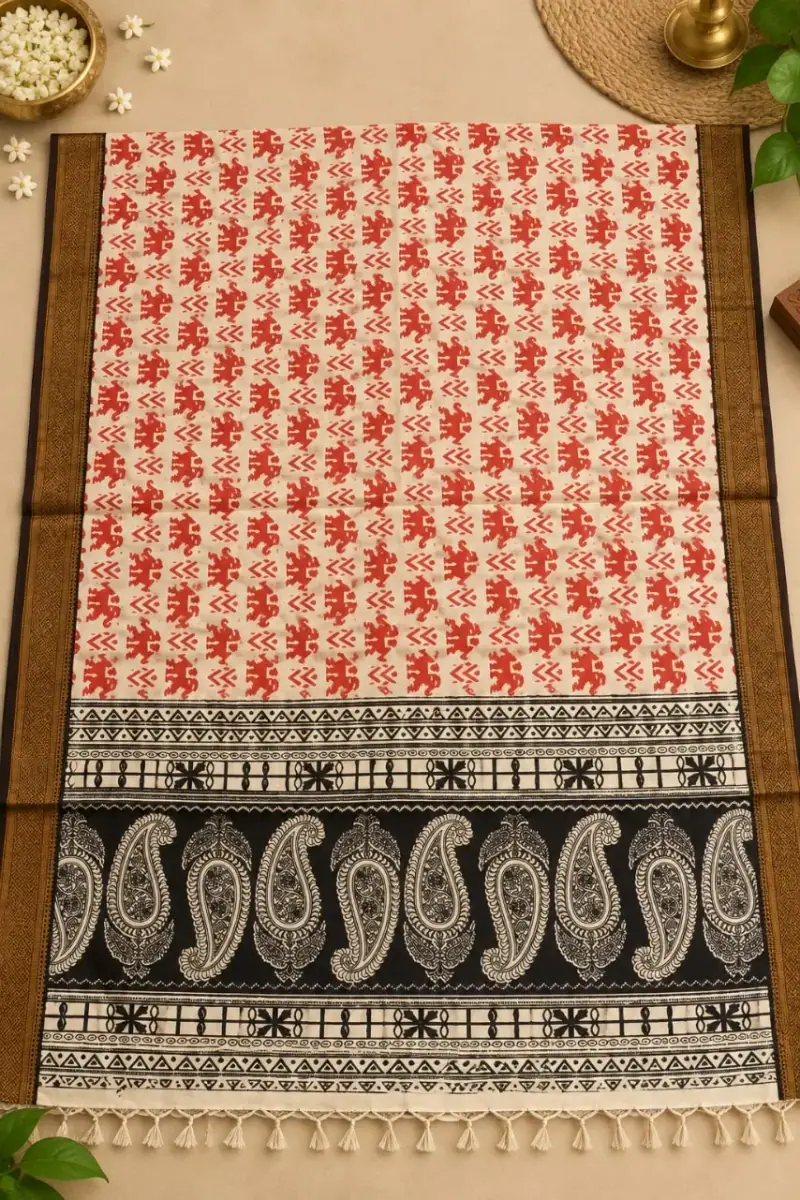 Nizam Border Kalamkari Duppatas – Red Floral Butta with Black Paisley Border