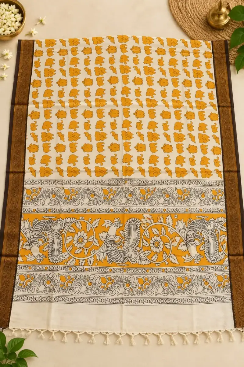 Nizam Border Kalamkari Silk Duppatas – Mustard Floral Butta with Peacock Border