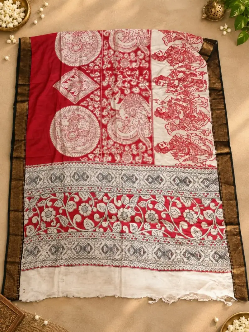 Nizam Border Kalamkari Duppatas – Red Medallion and Figure Panels