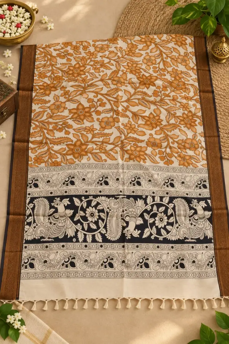 Nizam Border Kalamkari Duppatas – Mustard Floral Vine with Peacock Border