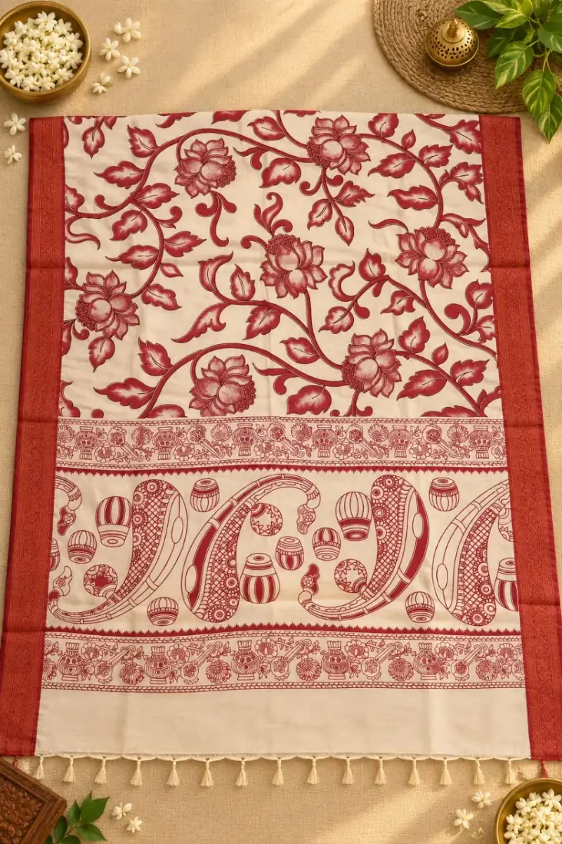 Nizam Border Kalamkari Duppatas – Red Floral Vine with Paisley Border