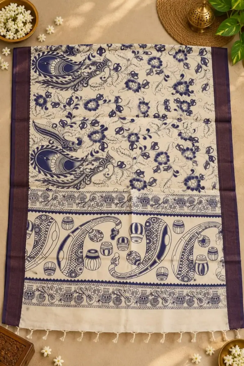 Nizam Border Kalamkari Duppatas – Blue Peacock and Floral Vine