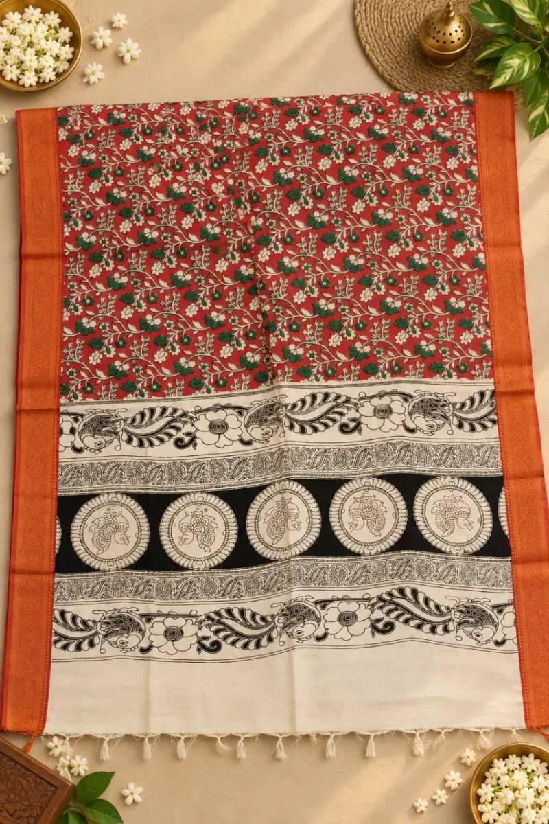 Nizam Border Kalamkari Duppatas – Red Floral Jaal with Medallion Border