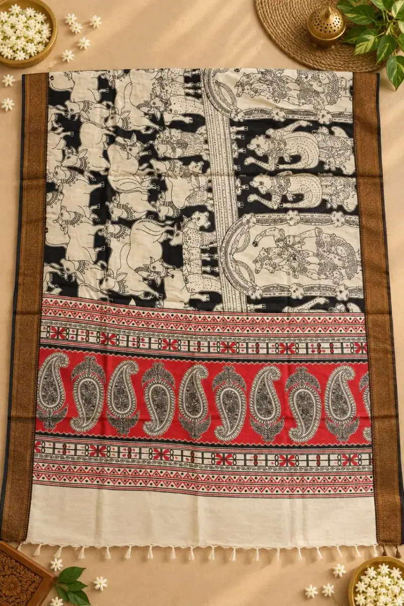 Nizam Border Kalamkari Duppatas – Black Figure Panels with Red Paisley Border