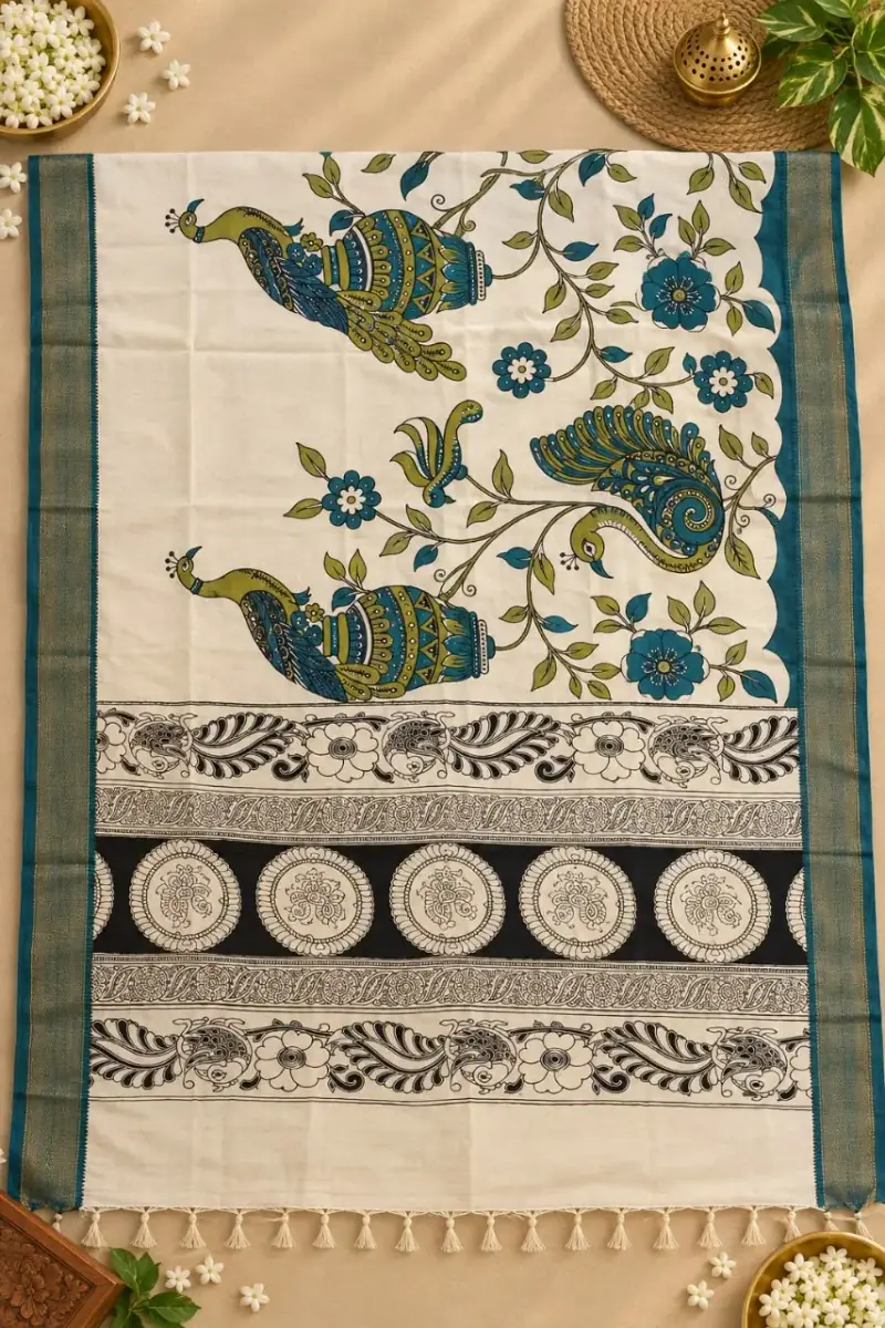 Nizam Border Kalamkari Duppatas – Cream Peacock Pair with Medallion Border
