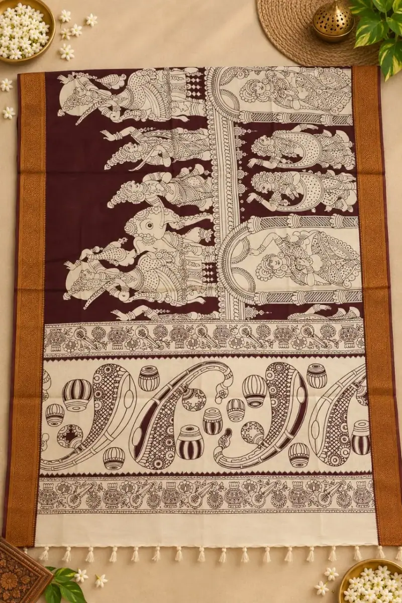 Nizam Border Kalamkari Duppatas – Maroon Figure Panels with Paisley Border