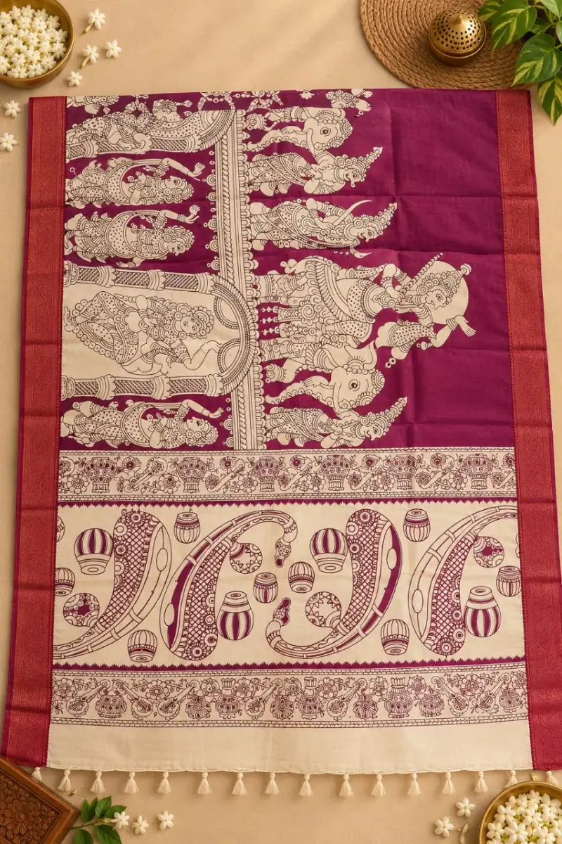 Nizam Border Kalamkari Duppatas – Magenta Figure Panels with Paisley Border