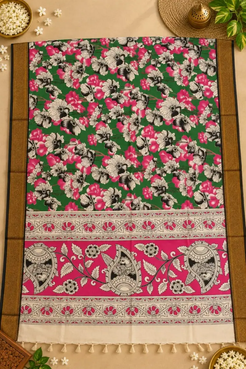 Nizam Border Kalamkari Duppatas – Green and Pink Floral with Pink Paisley Border