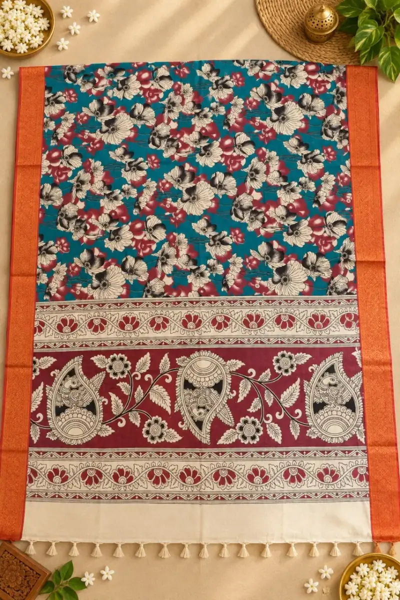Nizam Border Kalamkari Duppatas – Teal Floral with Maroon Paisley Border