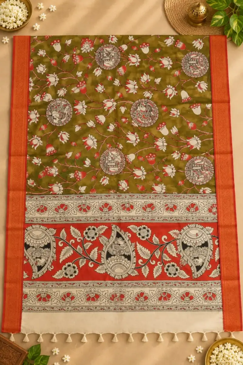 Nizam Border Kalamkari Duppatas – Olive Lotus Medallion with Orange Paisley Border