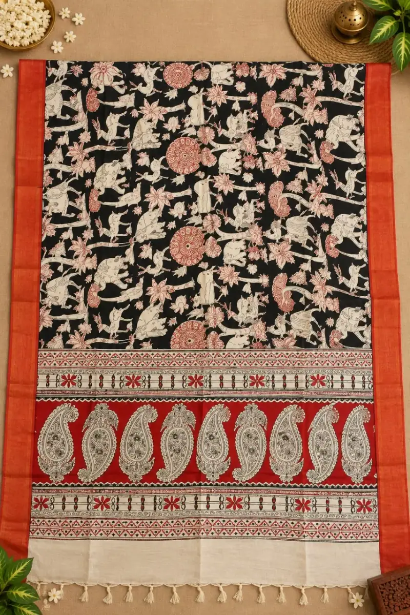 Nizam Border Kalamkari Duppatas – Black Elephant and Floral with Red Paisley Border