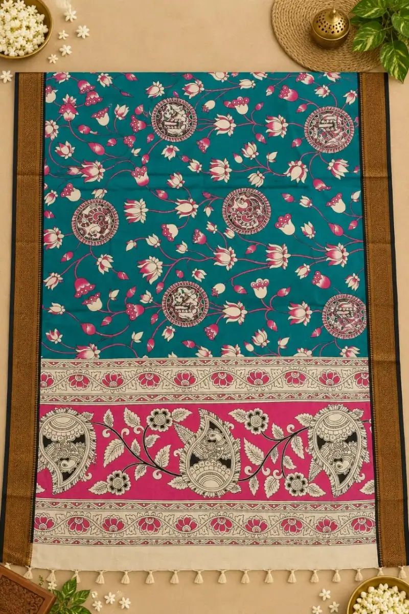Nizam Border Kalamkari Duppatas – Teal Lotus Medallion with Pink Paisley Border