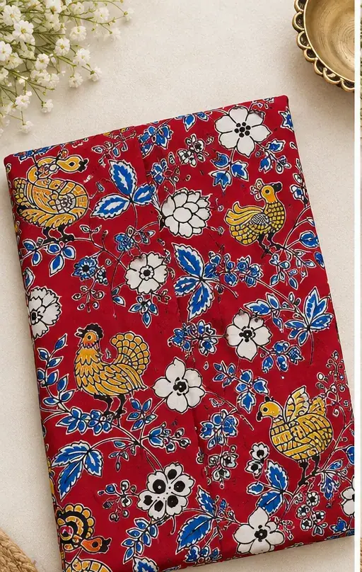 Traditional Kalamkari Cotton Print Fabric – Red Bird and Floral