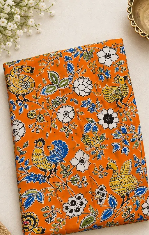 Traditional Kalamkari Cotton Fabric – Orange Bird and Floral