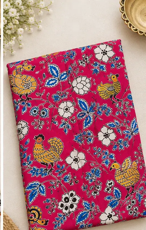 Traditional Kalamkari Cotton Fabric – Pink Bird and Floral
