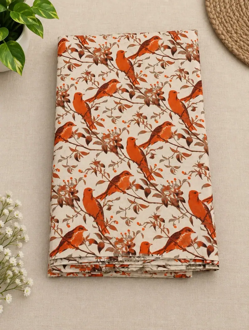 Traditional Kalamkari Cotton Fabric – Cream Orange Birds