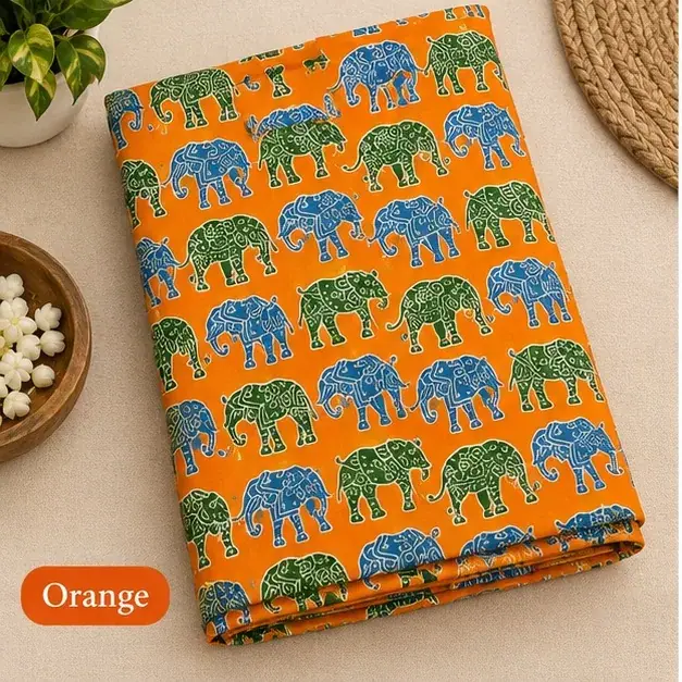 Traditional Kalamkari Cotton Fabric – Orange Elephant Parade