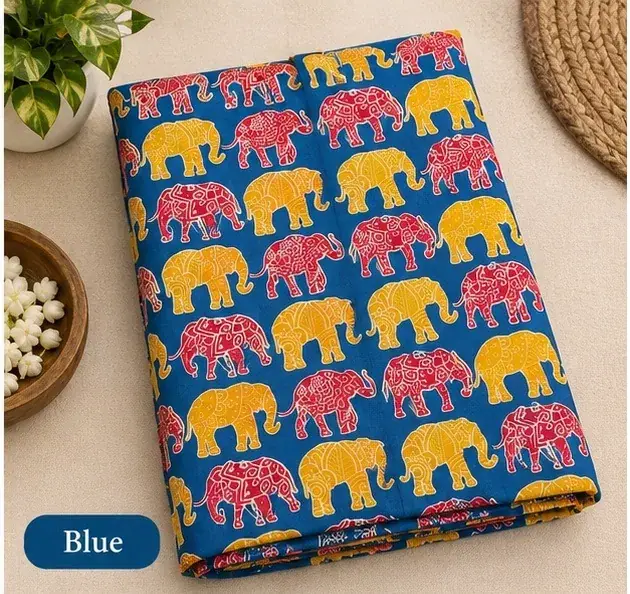 Traditional Kalamkari Cotton Fabric – Blue Elephant Parade