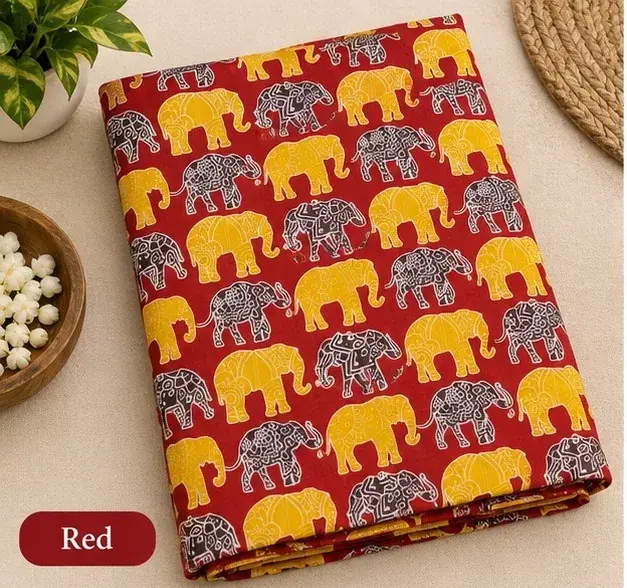 Kalamkari Cotton Fabric – Red Elephant Parade